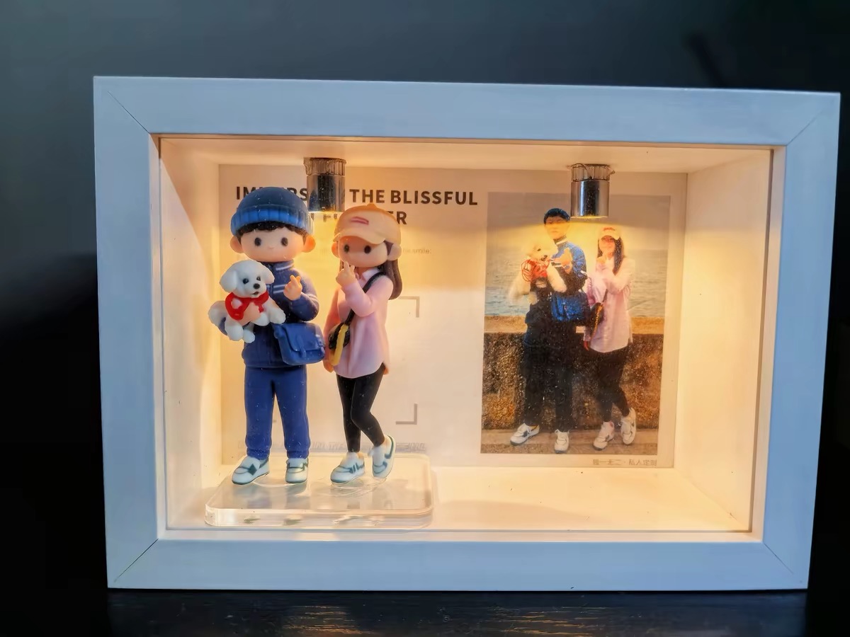 Illuminated display box containing a custom couple and pet