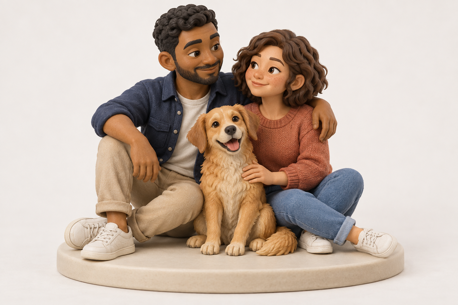 AI design concept of a seated couple with their dog; complete figures and shared base.