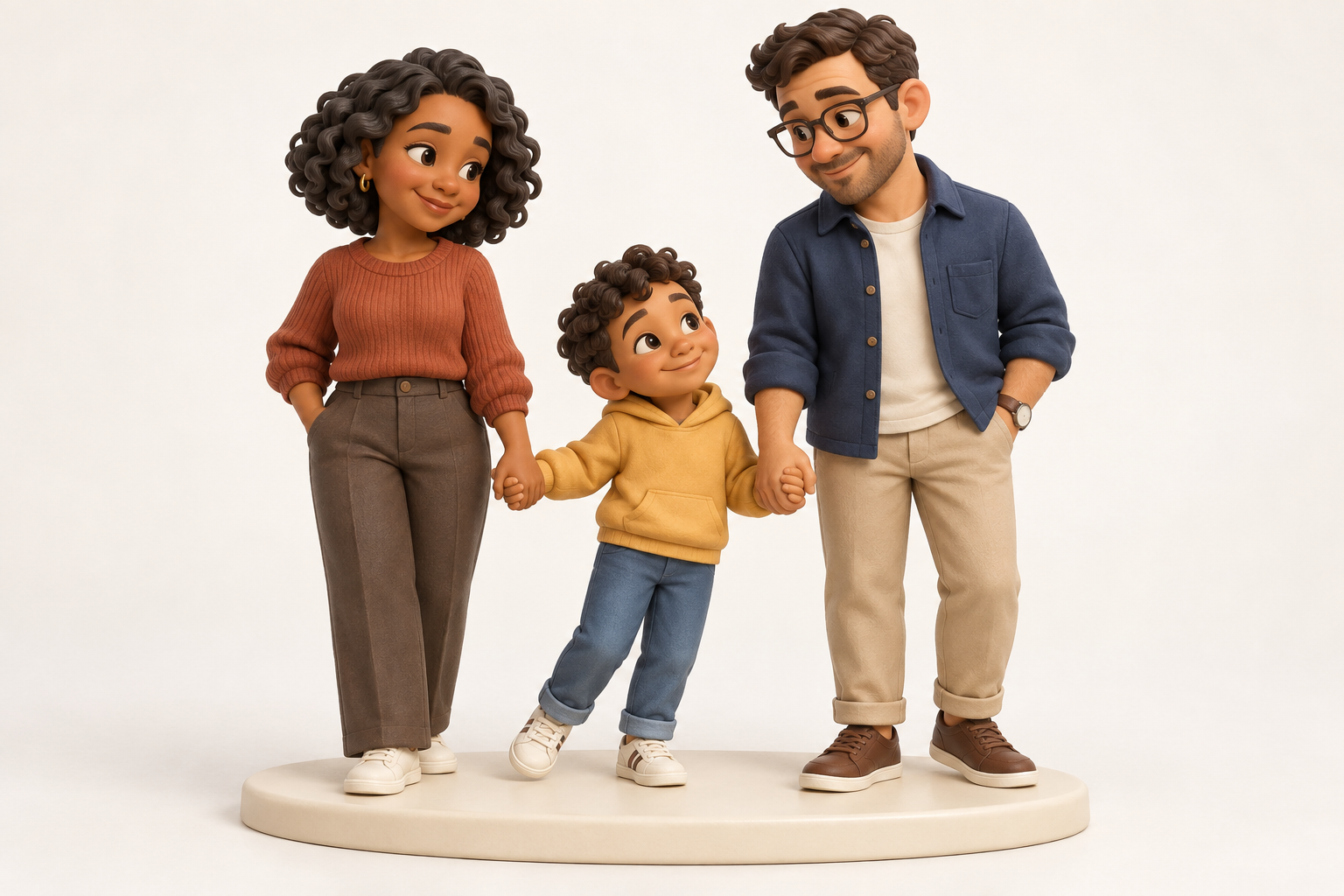 AI concept of two parents holding their child's hands, with all figures and base visible.