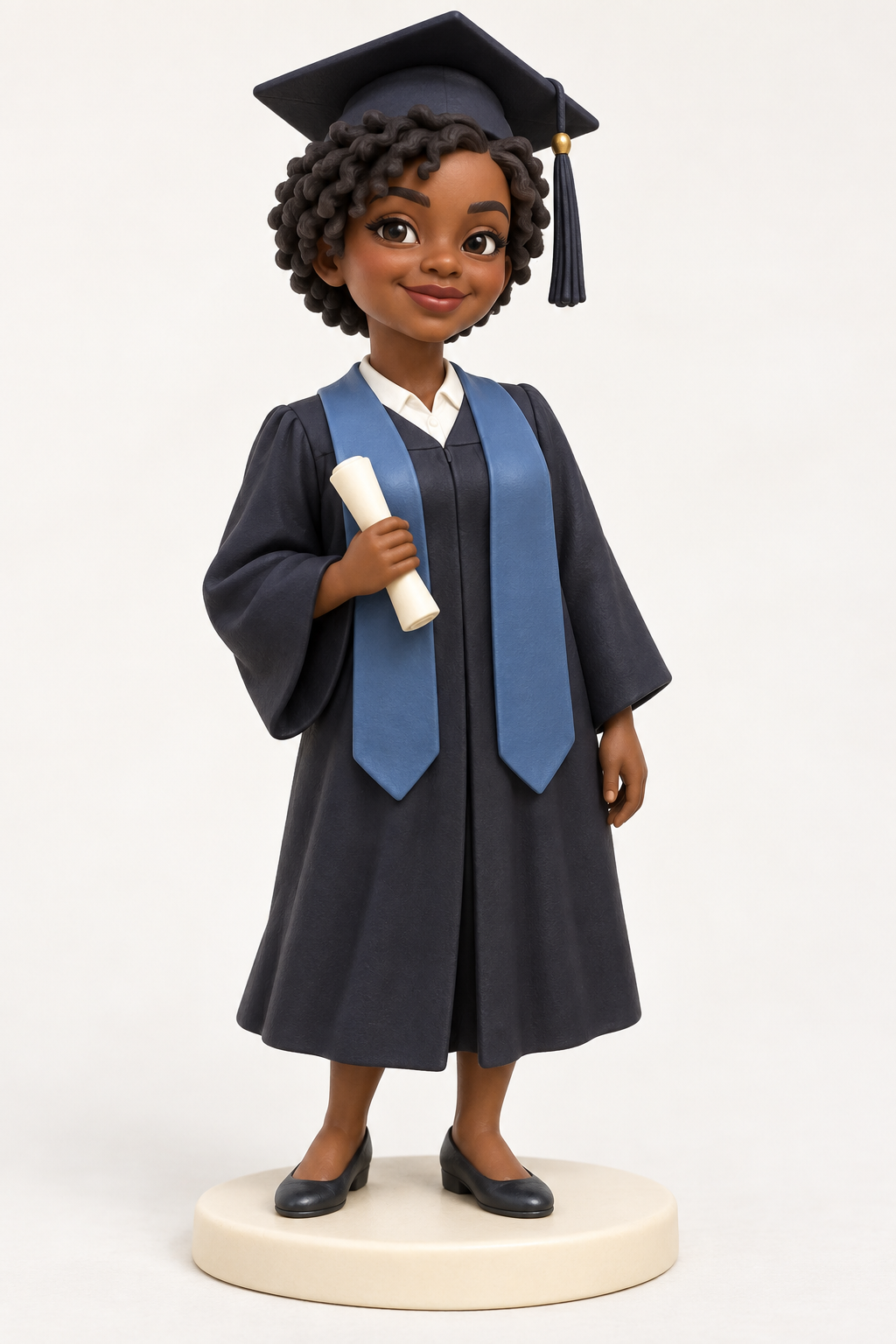 AI concept of a graduate in a standard academic gown and mortarboard, with complete shoes and base.
