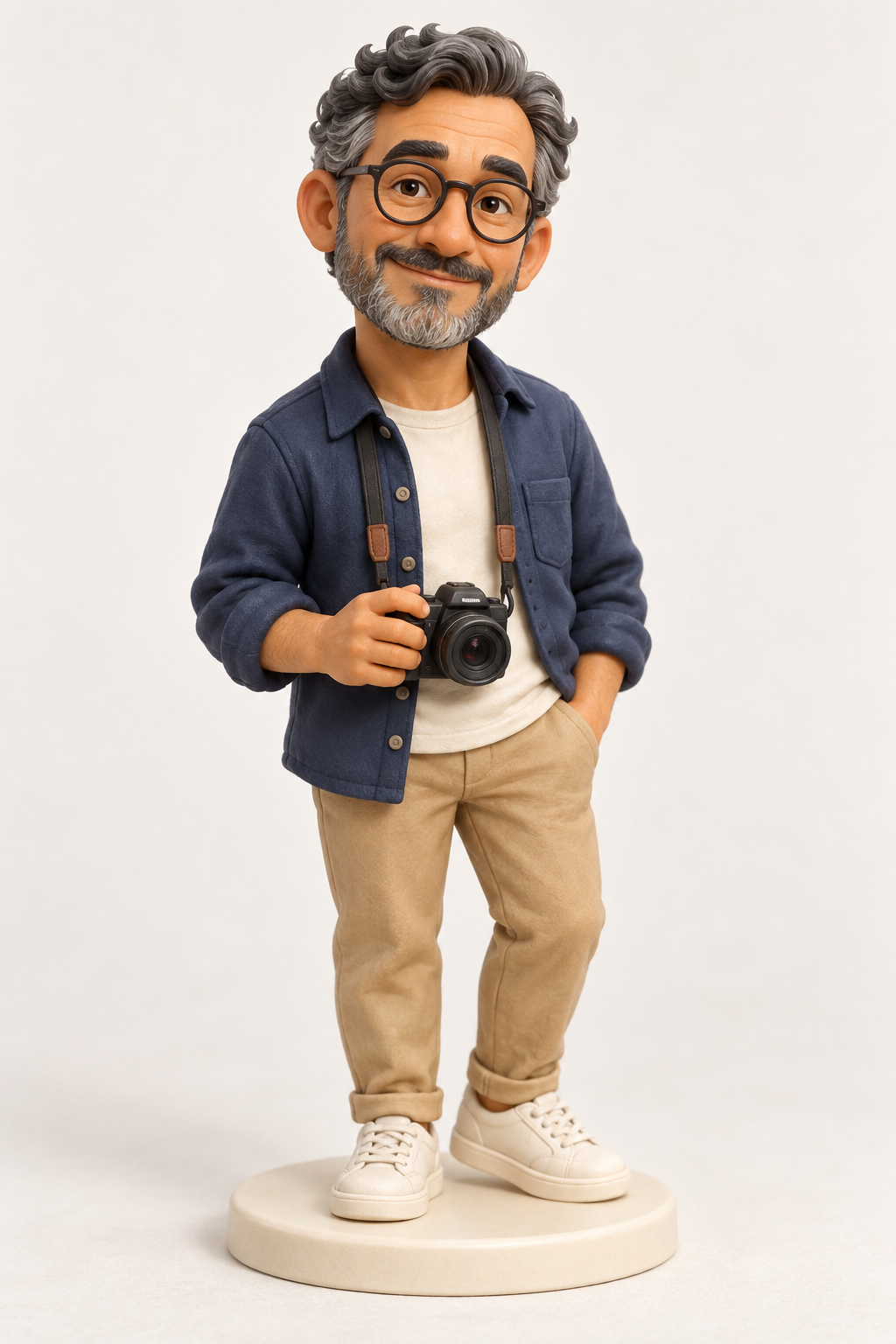 AI concept of a mature photographer with glasses and a camera, with full body and base visible.