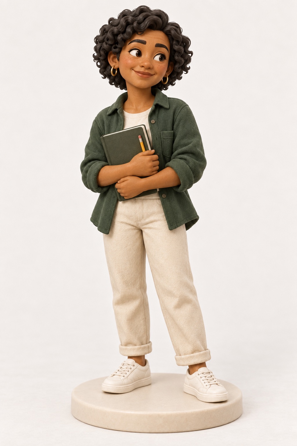 AI concept of an adult chibi woman with short curly dark hair, a green overshirt, cream trousers and a sketchbook, shown in full.