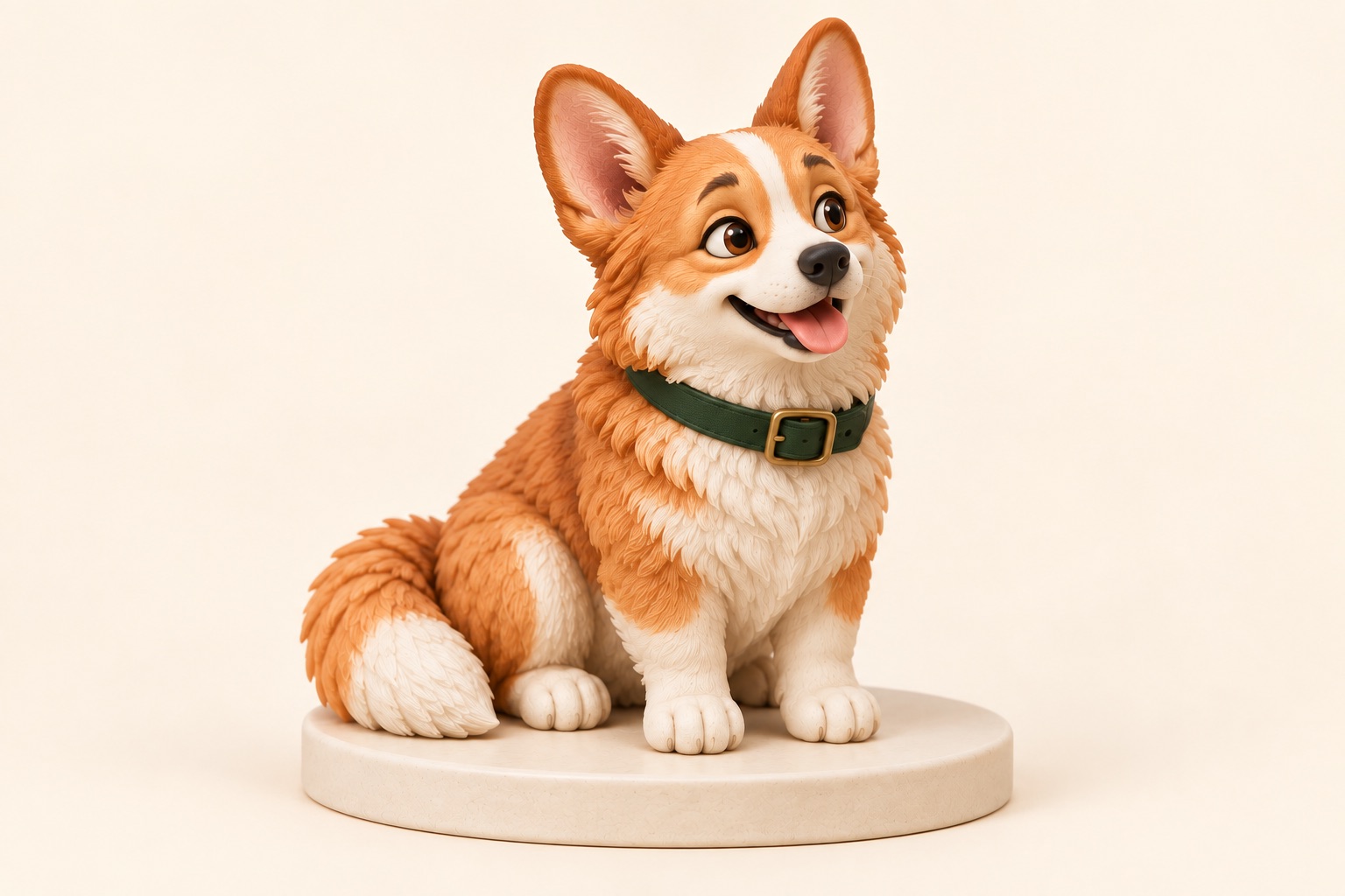 AI figurine concept of one seated corgi with a green collar, complete paws, ears and oval base.