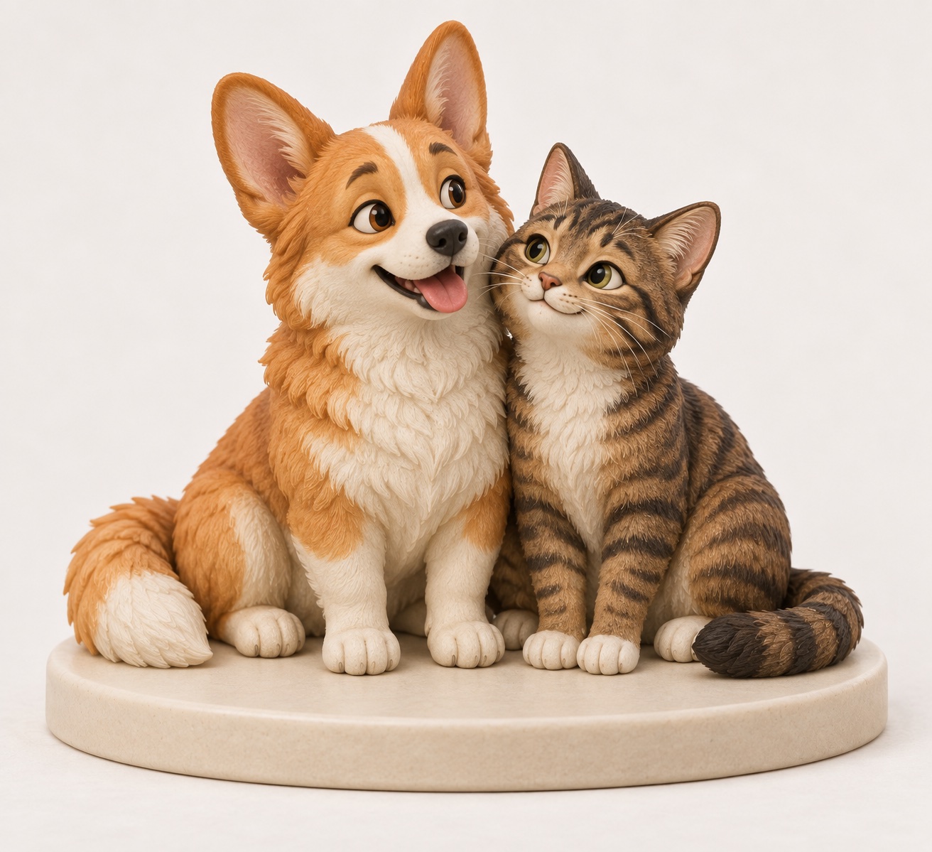AI concept of a corgi and a tabby cat seated together on a shared base, shown in full.