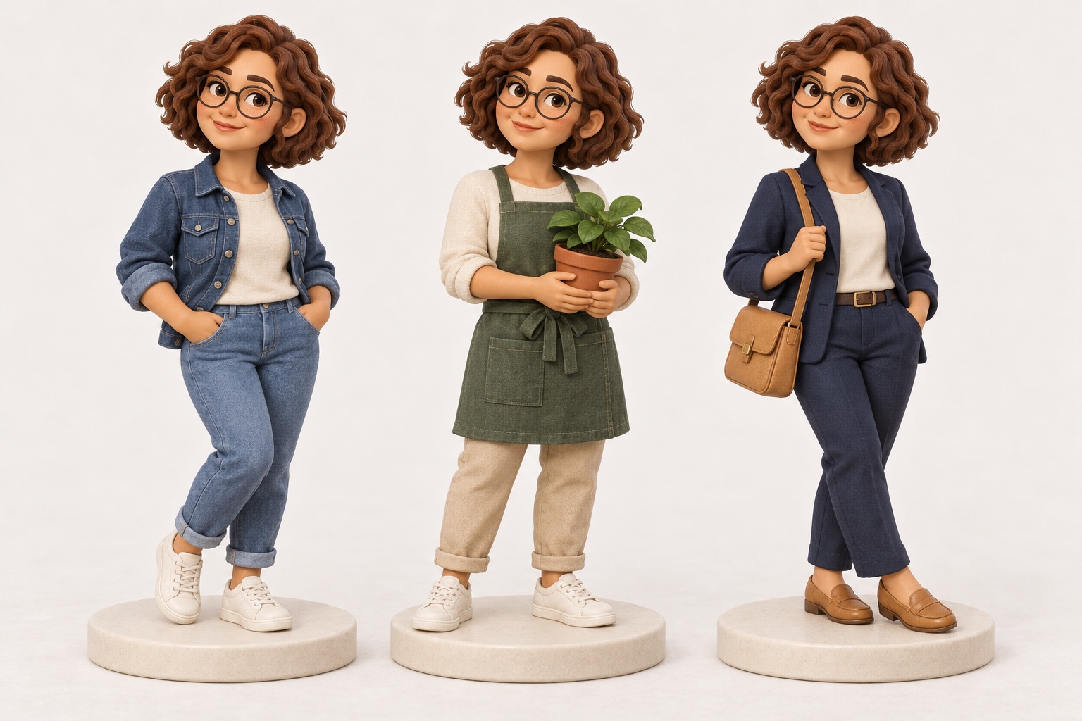AI concept of the same curly-haired woman with glasses in three looks: denim casualwear, a green gardening apron and a navy suit, each shown in full on its own base.