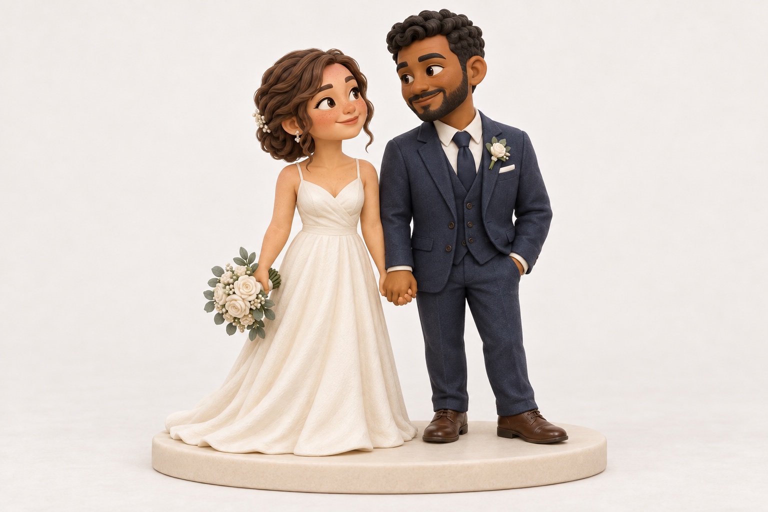 AI concept of a contemporary chibi wedding pair, with a woman in an ivory gown and a man in a dark suit, shown in full on a shared base.
